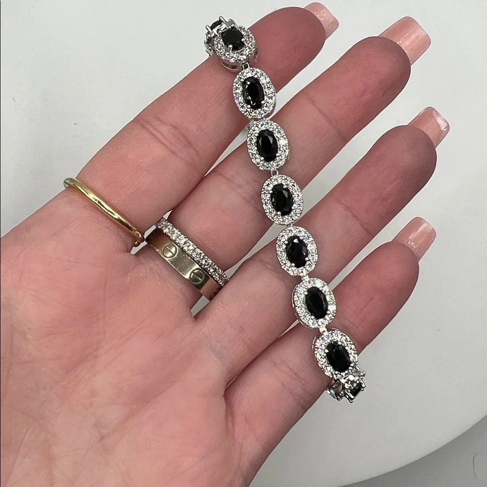213. White Gold Plated Onyx Stone Bracelet with CZ 6 1/2”